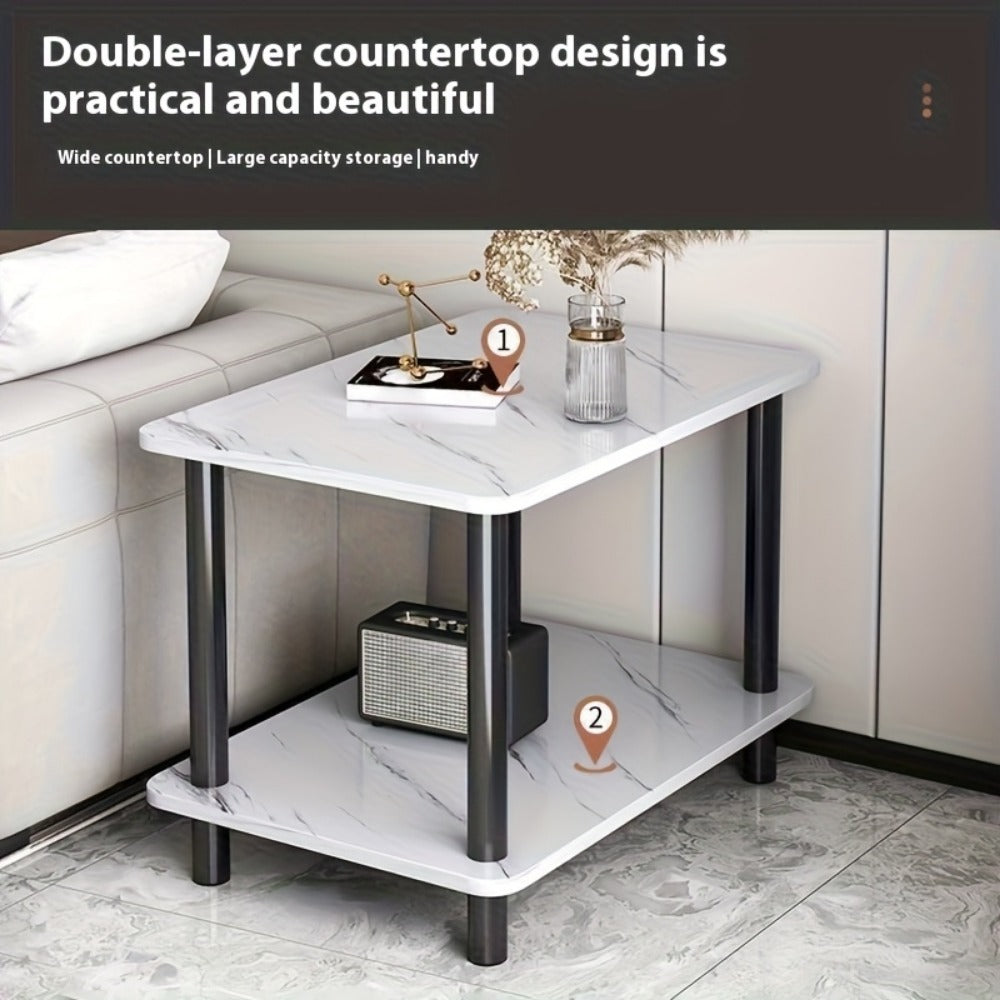 Side Table Two-Tier Faux Marble-Look Top with Open Lower Shelf in White, Black or Brown Finish