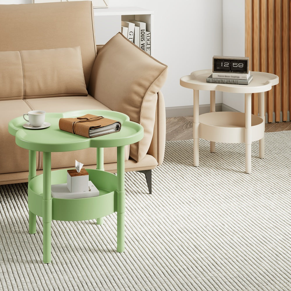 Side Table Round Flower-Shaped Two-Tier PP and PVC Design in Black, Rice White or Coffee Finish
