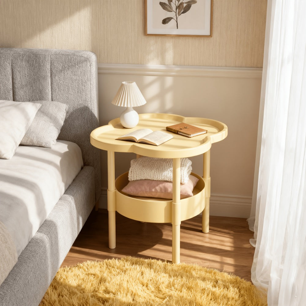 Side Table Round Flower-Shaped Two-Tier PP and PVC Design in Black, Rice White or Coffee Finish