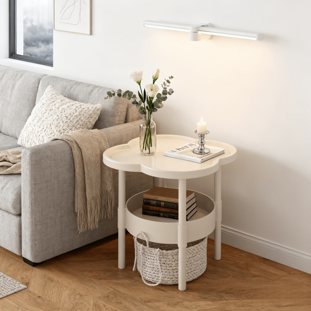 Side Table Round Flower-Shaped Two-Tier PP and PVC Design in Black, Rice White or Coffee Finish