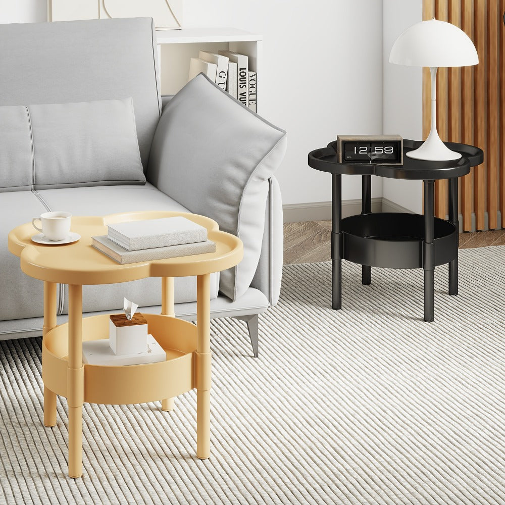 Side Table Round Flower-Shaped Two-Tier PP and PVC Design in Black, Rice White or Coffee Finish