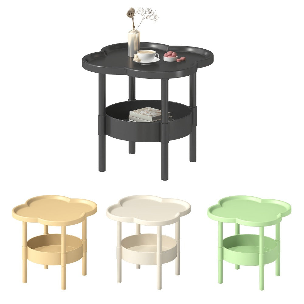 Side Table Round Flower-Shaped Two-Tier PP and PVC Design in Black, Rice White or Coffee Finish