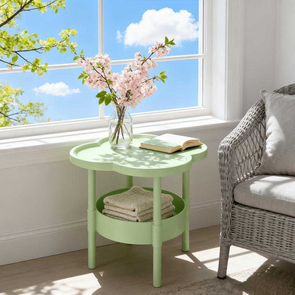Side Table Round Flower-Shaped Two-Tier PP and PVC Design in Black, Rice White or Coffee Finish