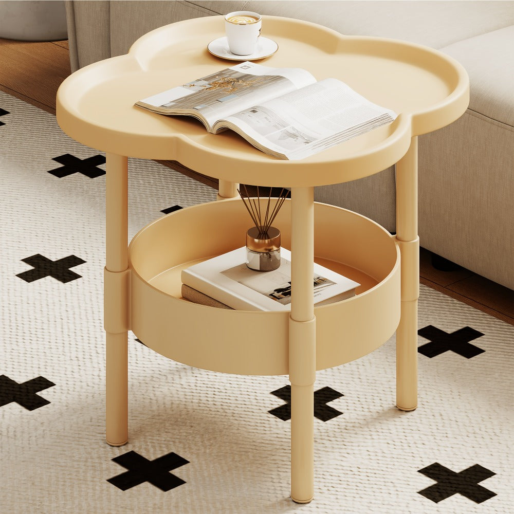 Side Table Round Flower-Shaped Two-Tier PP and PVC Design in Black, Rice White or Coffee Finish