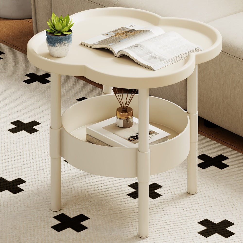 Side Table Round Flower-Shaped Two-Tier PP and PVC Design in Black, Rice White or Coffee Finish