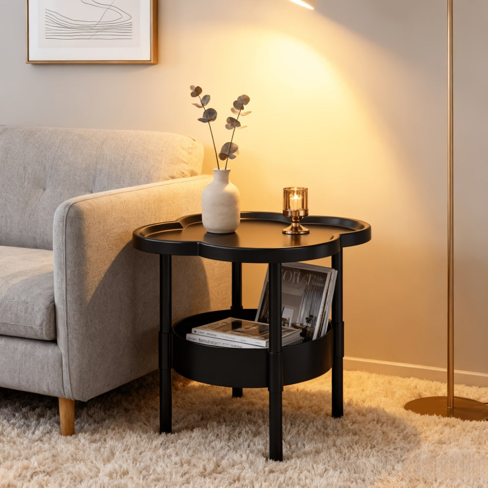 Side Table Round Flower-Shaped Two-Tier PP and PVC Design in Black, Rice White or Coffee Finish