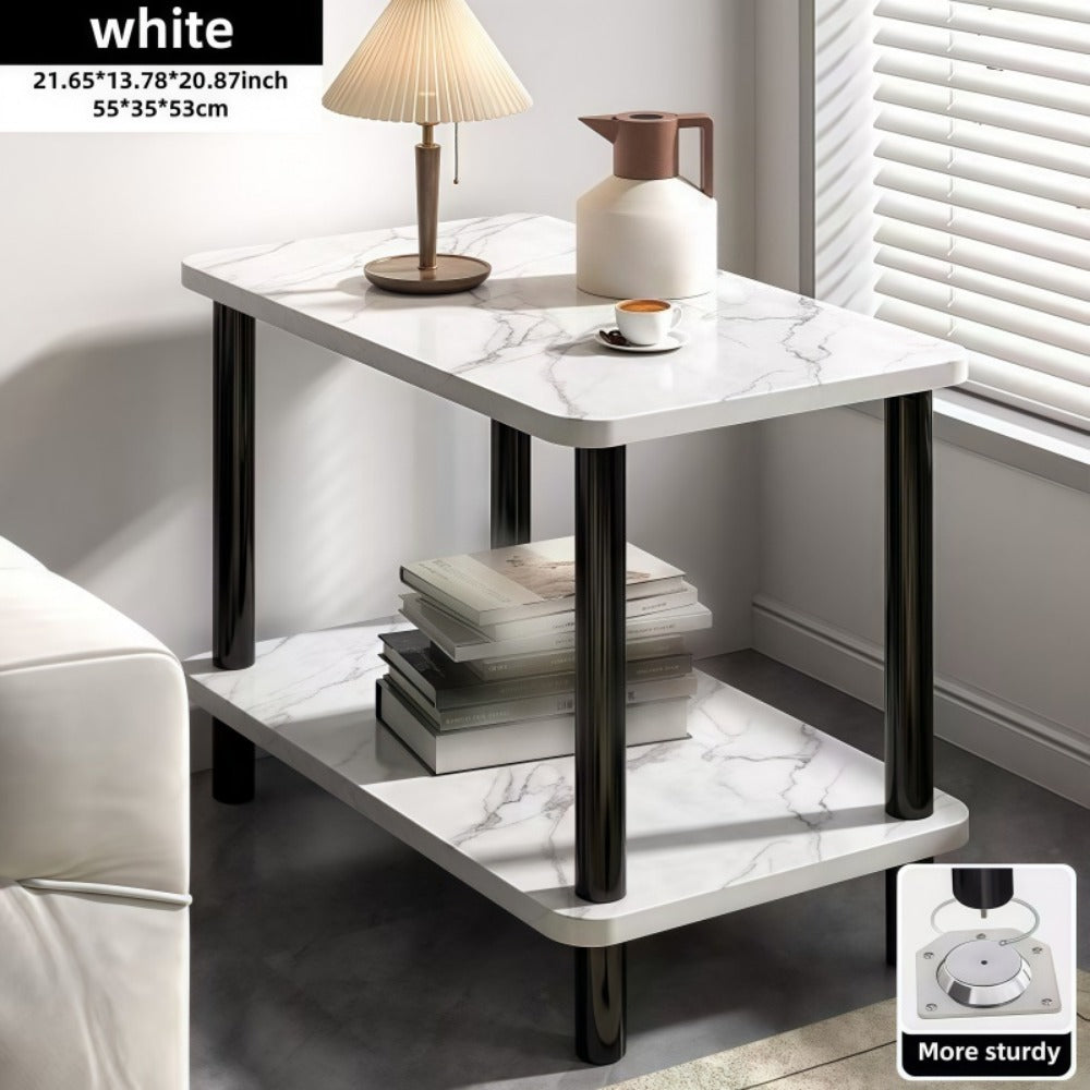 Side Table Two-Tier Marble-Look Engineered Wood Shelves with Metal Frame in Three Finish Options