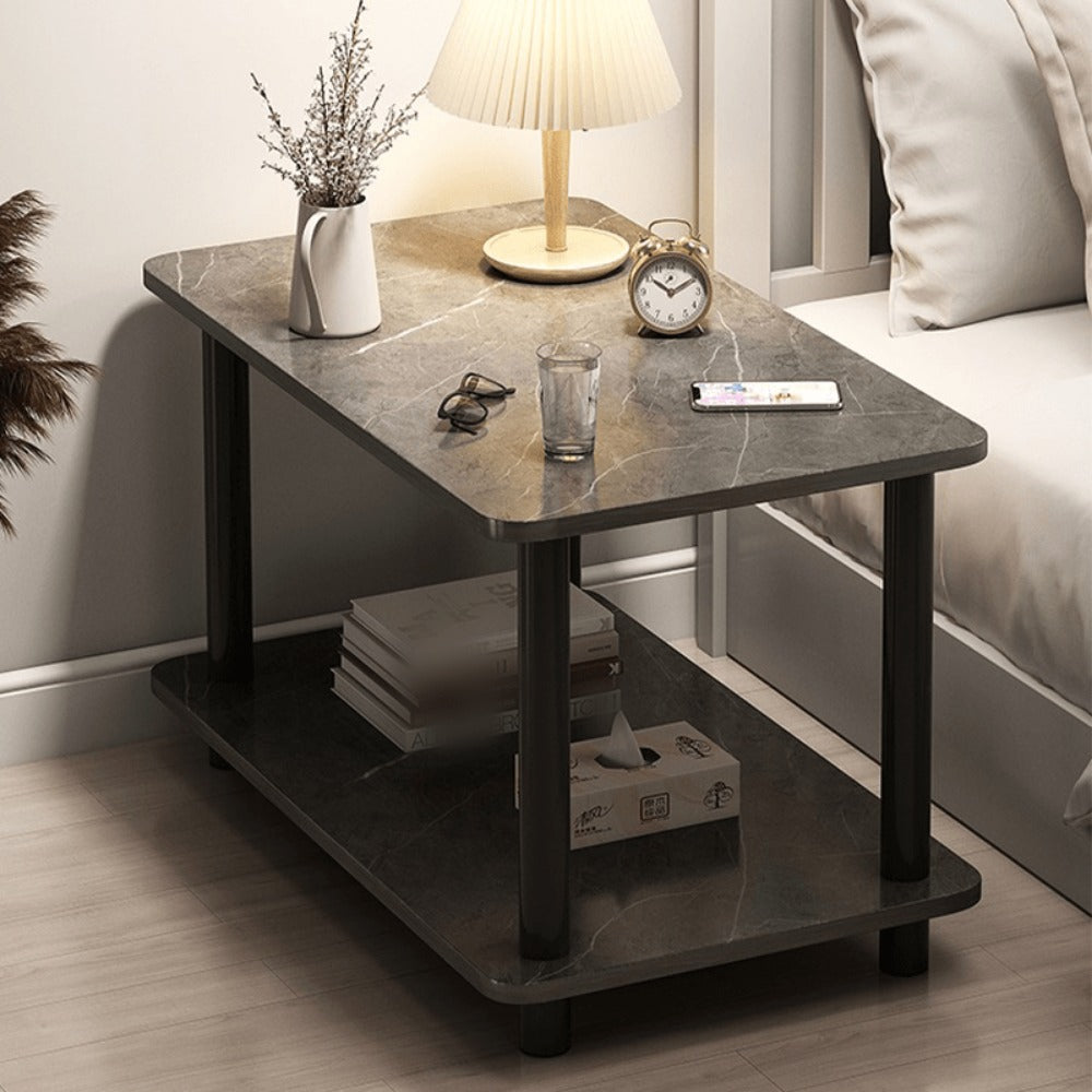 Side Table Two-Tier Marble-Look Engineered Wood Shelves with Metal Frame in Three Finish Options