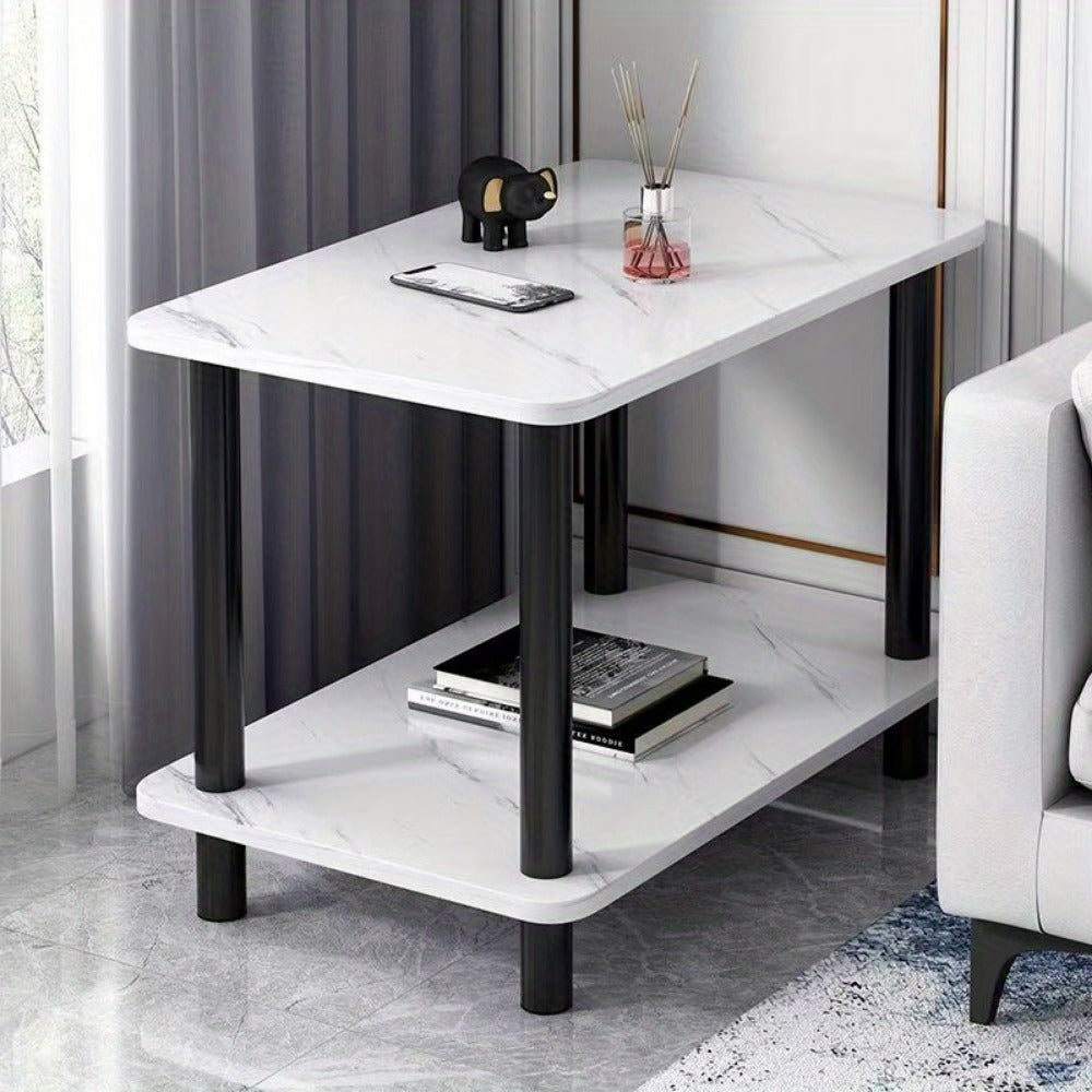 Side Table Two-Tier Marble-Look Engineered Wood Shelves with Metal Frame in Three Finish Options