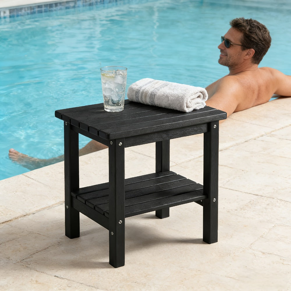 2-Tier Wood Outdoor Side Table, Outdoor Accent Table for Patio