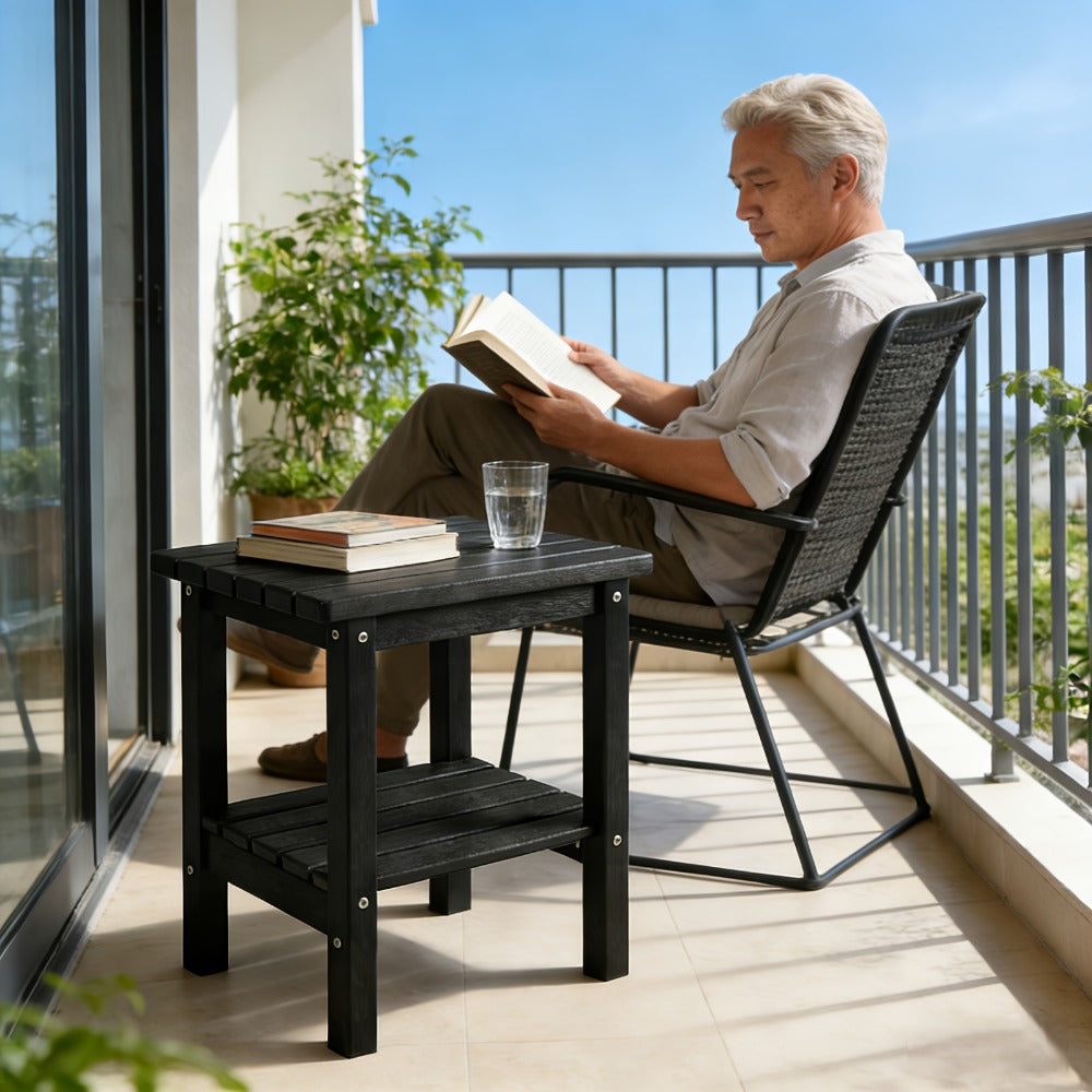 2-Tier Wood Outdoor Side Table, Outdoor Accent Table for Patio