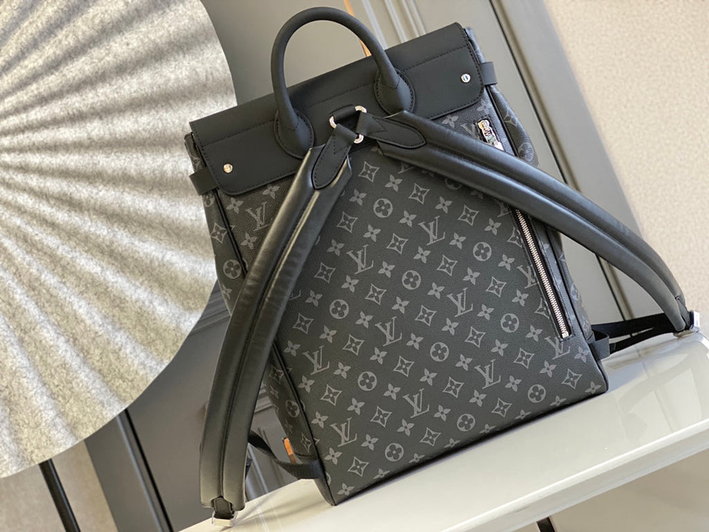 STEAMER RUCKSACK 45 IN GUN METAL MONOGRAM ECLIPSE CANVAS UND SCHWARZEM KALBSLEDER MIT SILBERFARBENER SCHNALLE
