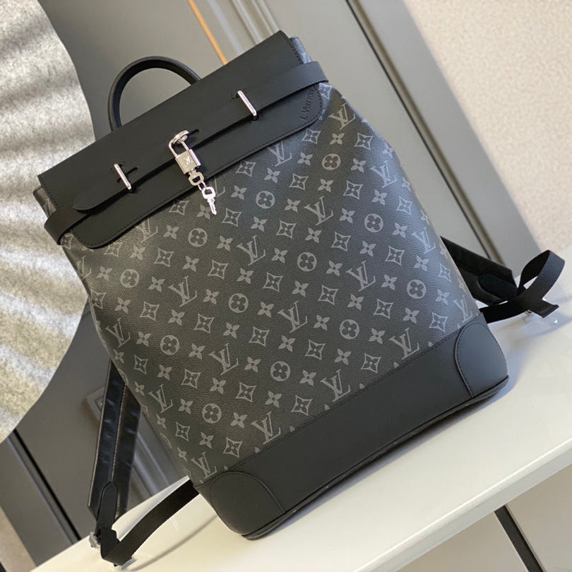 STEAMER RUCKSACK 45 IN GUN METAL MONOGRAM ECLIPSE CANVAS UND SCHWARZEM KALBSLEDER MIT SILBERFARBENER SCHNALLE