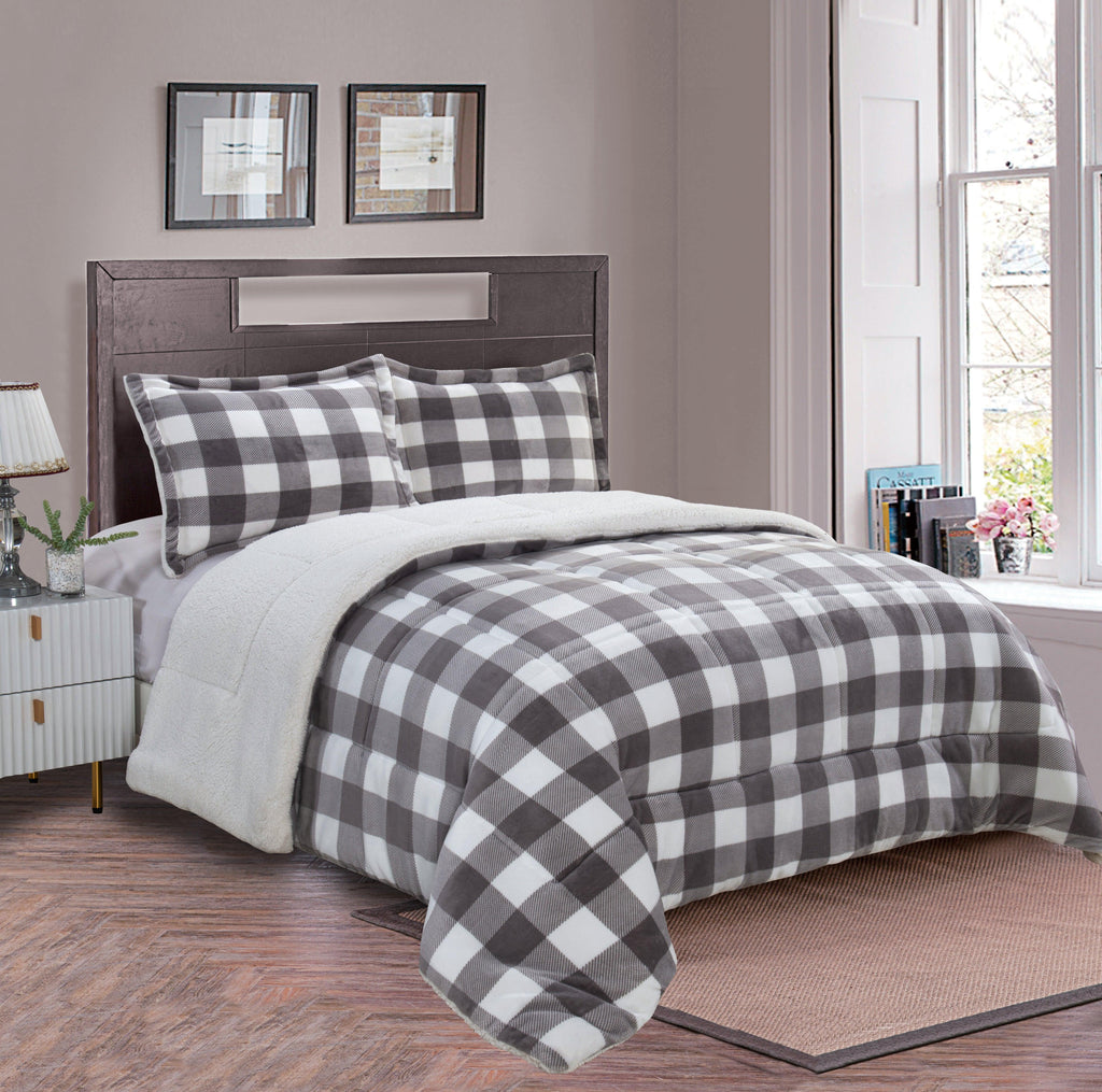 Elegant Comfort 3-Piece Buffalo Micro-Suede Reversible Sherpa - Lodge-Plaid Pattern Comforter Set