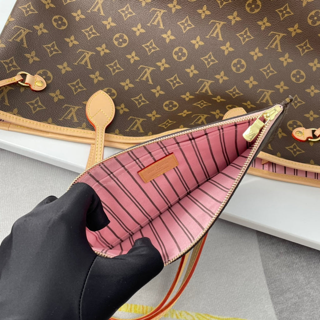 NEVERFULL MM 32 BRAUN BEIGE ROSA MONOGRAM CANVAS