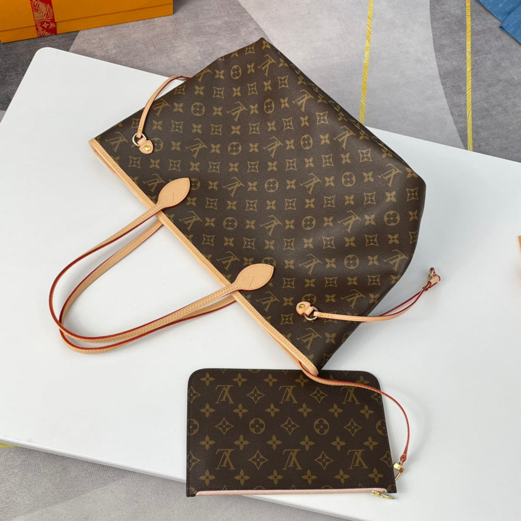 NEVERFULL MM 32 BRAUN BEIGE ROSA MONOGRAM CANVAS