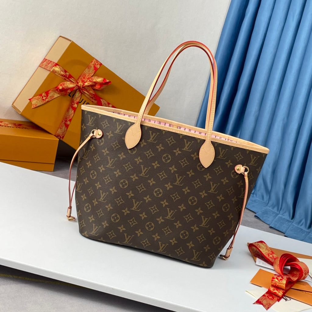 NEVERFULL MM 32 BRAUN BEIGE ROSA MONOGRAM CANVAS