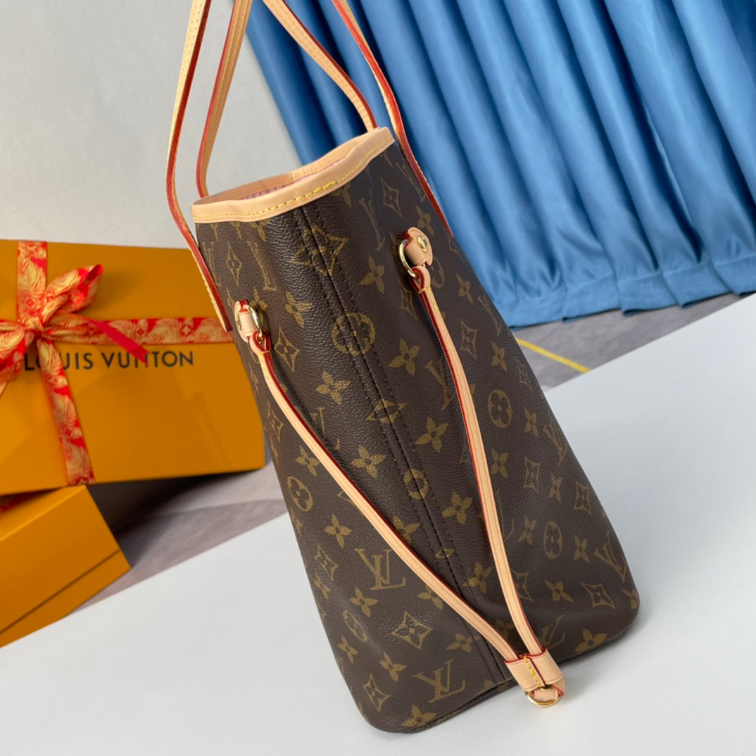 NEVERFULL MM 32 BRAUN BEIGE ROSA MONOGRAM CANVAS