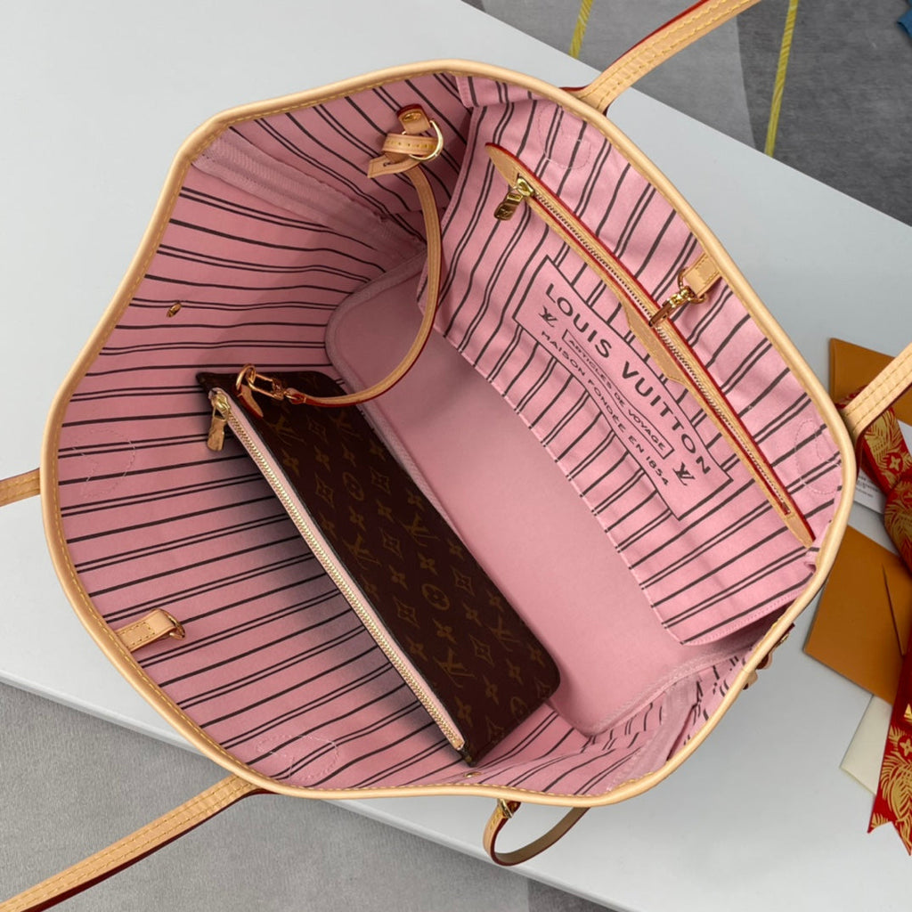 NEVERFULL MM 32 BRAUN BEIGE ROSA MONOGRAM CANVAS