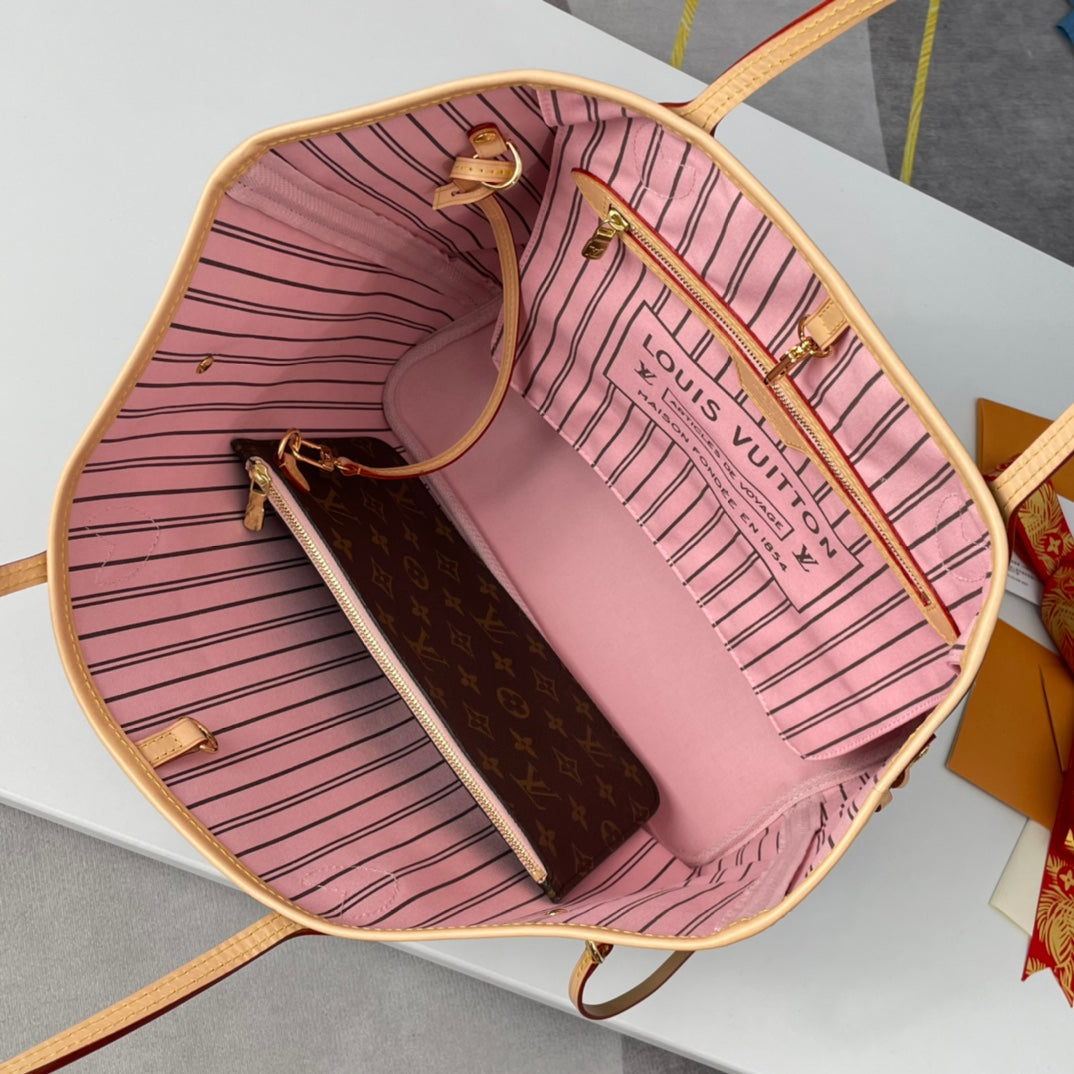 NEVERFULL MM 32 BRAUN BEIGE ROSA MONOGRAM CANVAS