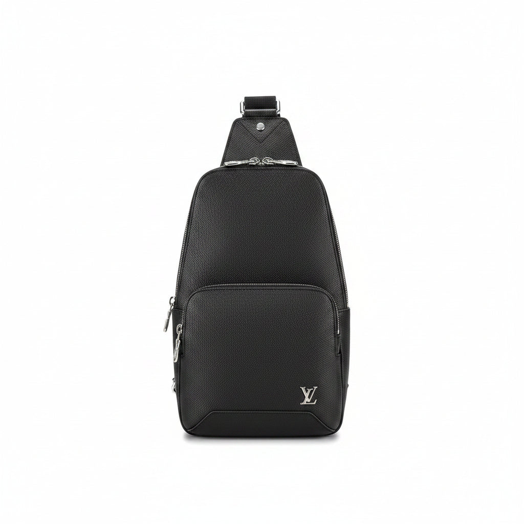 Louis Vuitton Avenue Sling Bag – Black Taiga Leather Silver LV Logo