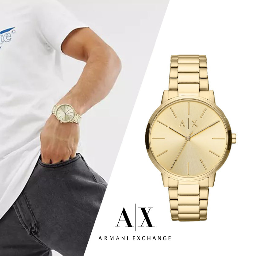 Armani Exchange Cayde AX2707 Herren-Analoguhr – Goldfarbenes Zifferblatt mit passendem Edelstahlarmband in Gold