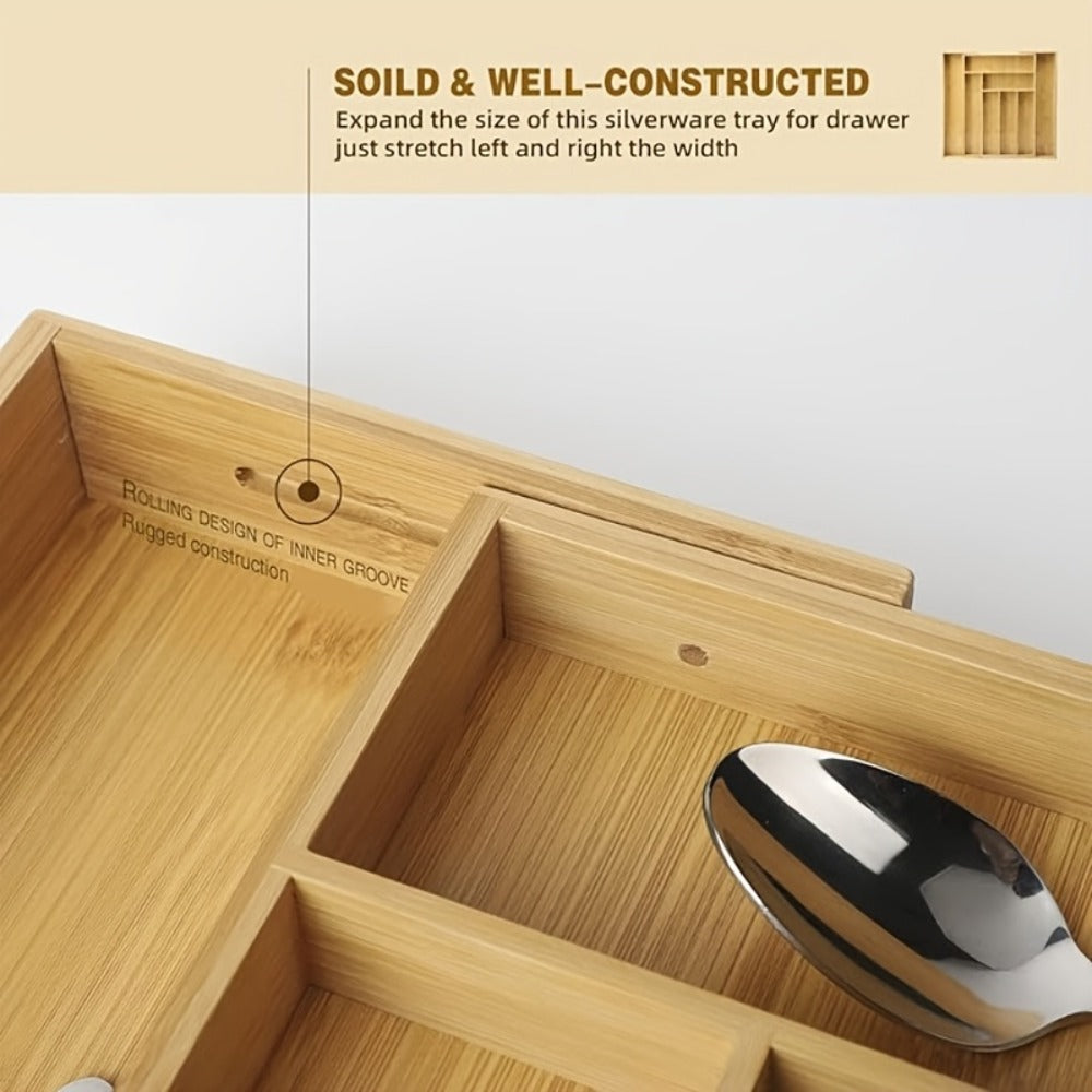 Nine-Compartment Bamboo Drawer Organizer, Expandable Adjustable Silverware and Cutlery Tray for Kitchen Storage