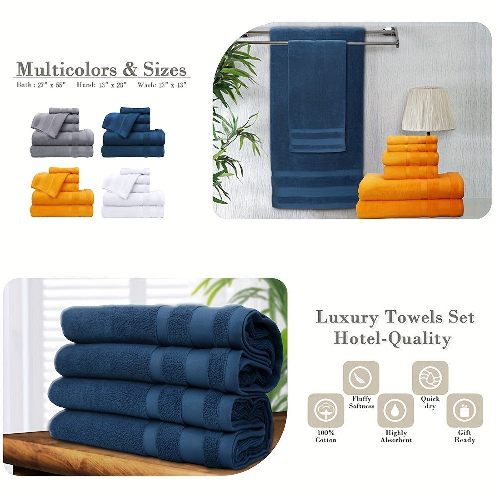 Bath Towel Set in Pure Cotton, Six or Ten Solid-Color Towels for Bathroom Routines, Gym Visits and Travel