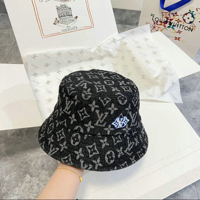 Luxury Monogram Black Denim Bucket Hat with Embroidered Logo Patch