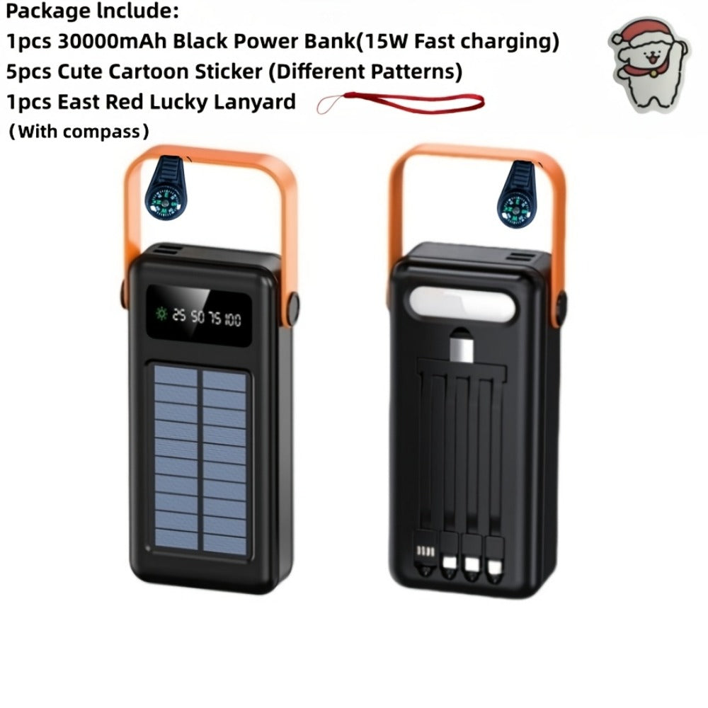 Solar Power Bank for Portable Device Charging, Built-In Cables and Digital Display, 10000-30000mAh