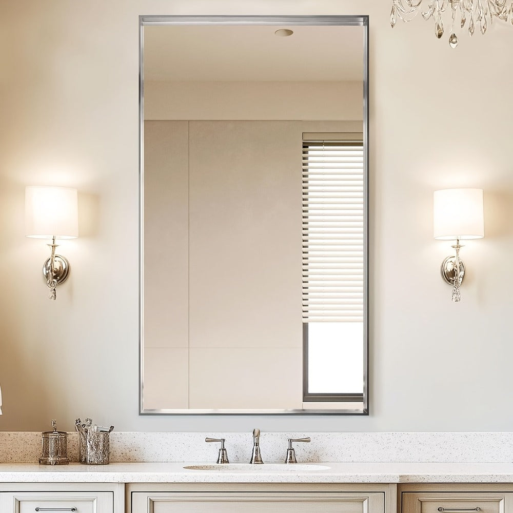 Bathroom Mirror with Rectangular Metal Frame, Horizontal or Vertical Wall Mounting in Three Finishes