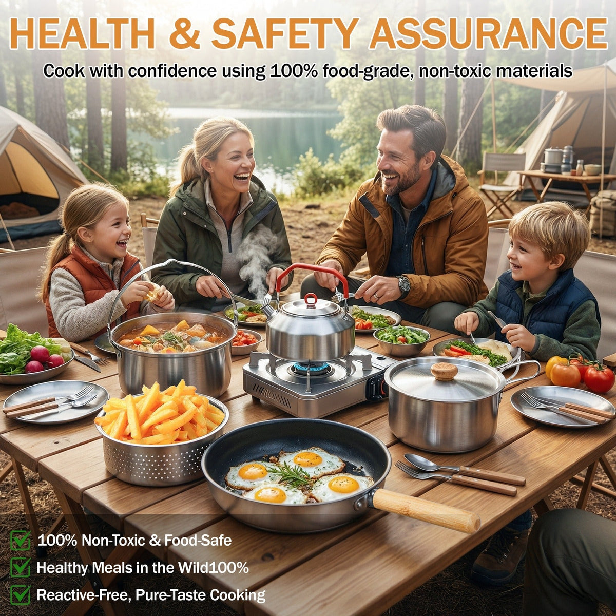 Camping Cookware Set, 19- or 27-Piece Coated Aluminum Mess Kit with Pot, Pan, Kettle, Cups, Plates and Cutlery