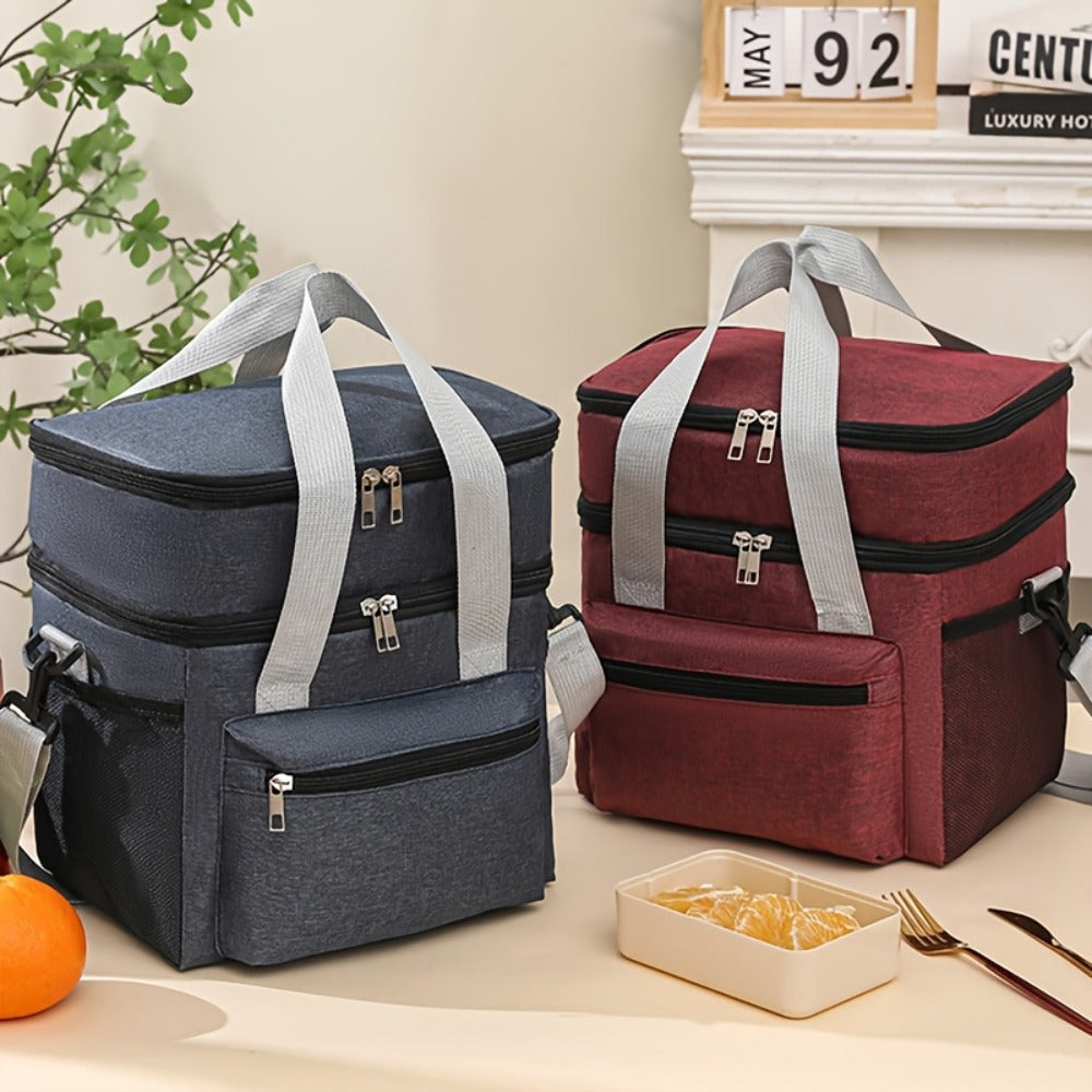 Double-Layer Lunch Bag Tote with Upper and Lower Compartments, Shoulder Strap and Four Colors