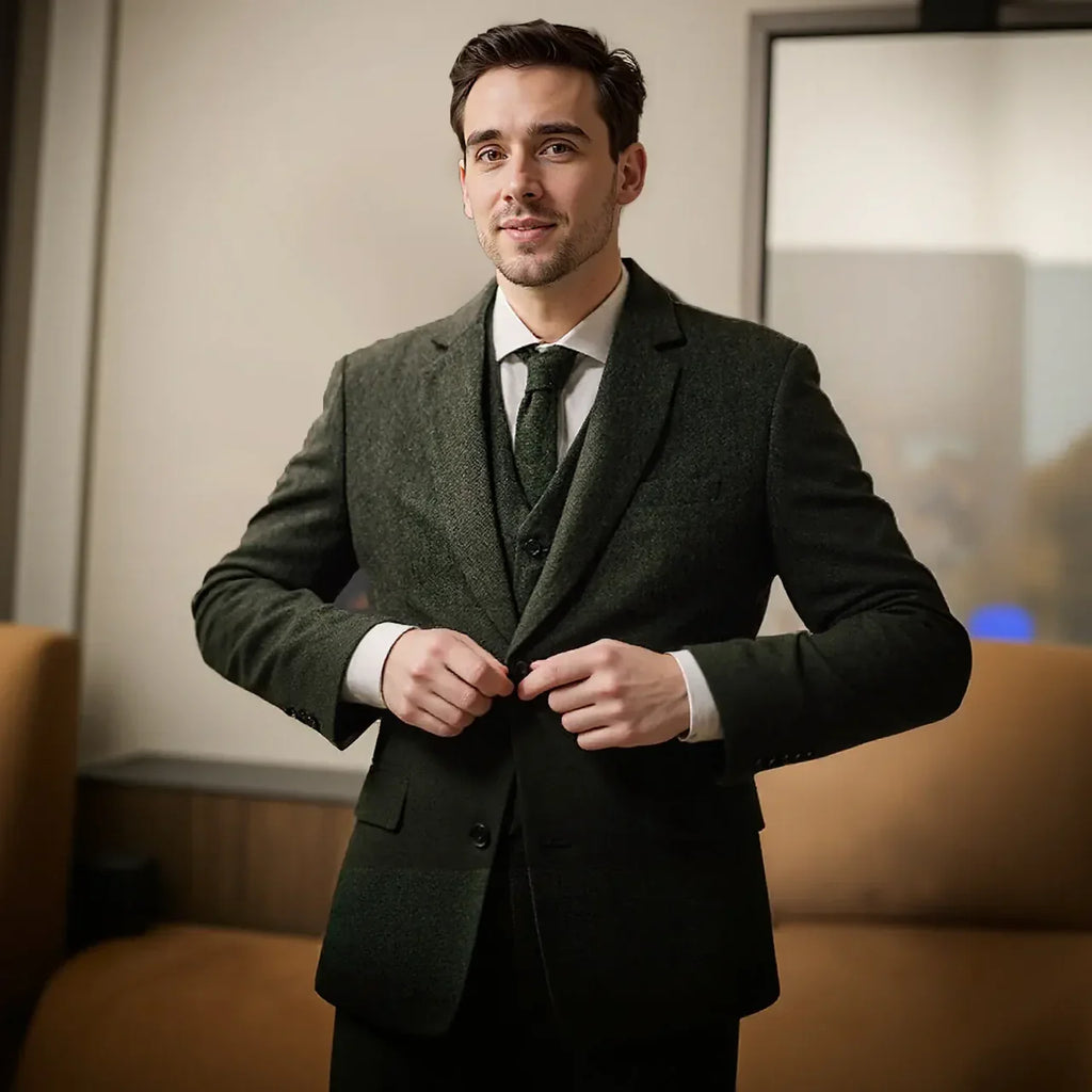 Mens 3 Piece Green Tweed Suits Wedding Suit Tuxedos