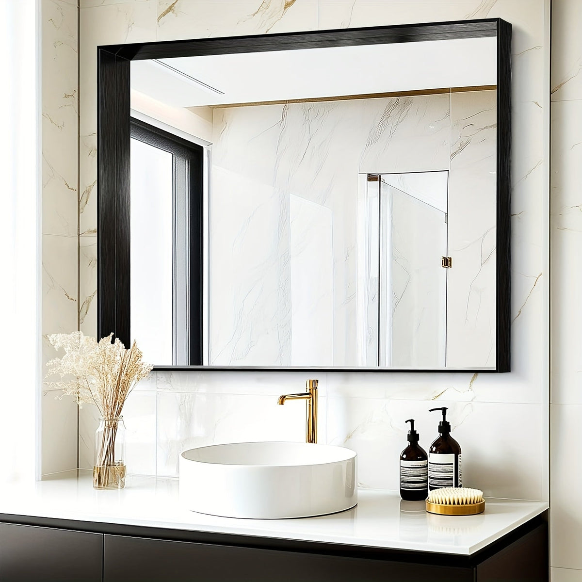 Bathroom Mirror with Rectangular Metal Frame, Horizontal or Vertical Wall Mounting in Three Finishes