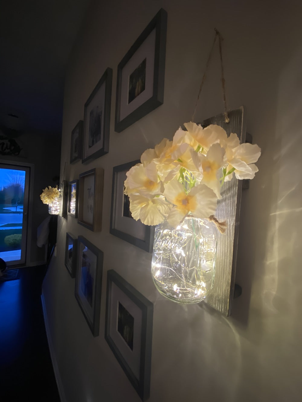 Mason Jar Wall Sconces Set of 2 - Rustic Farmhouse Wall Decor with Ivory Hydrangea Flowers