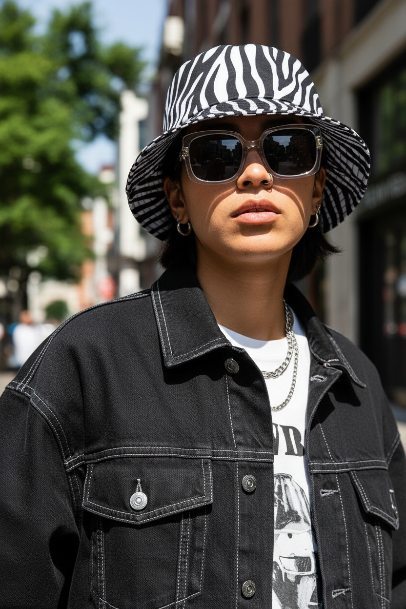 Zendaya Bucket-Hat aus Baumwolle mit Zebramuster – Unisex, kurze Krempe