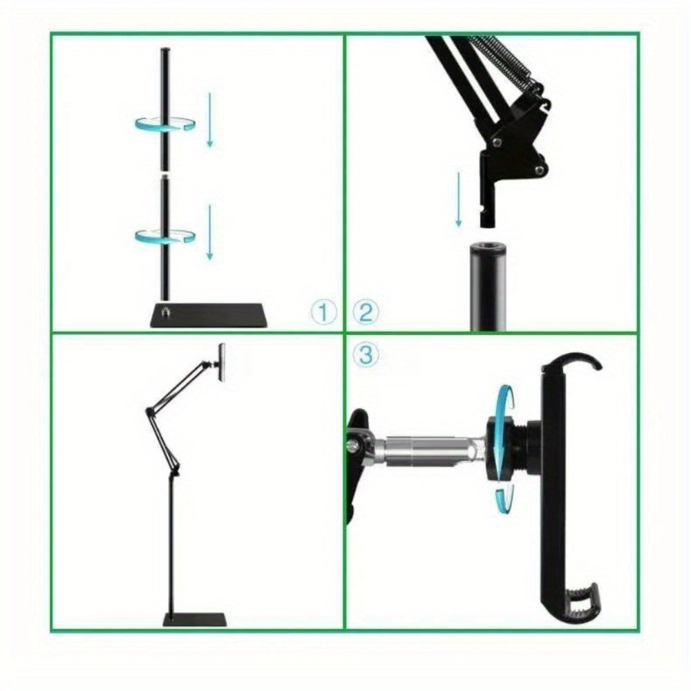 Phone Stand with Flexible Gooseneck Arm and Rotating Holder, 68.9-Inch Metal Support for Hands-Free Viewing