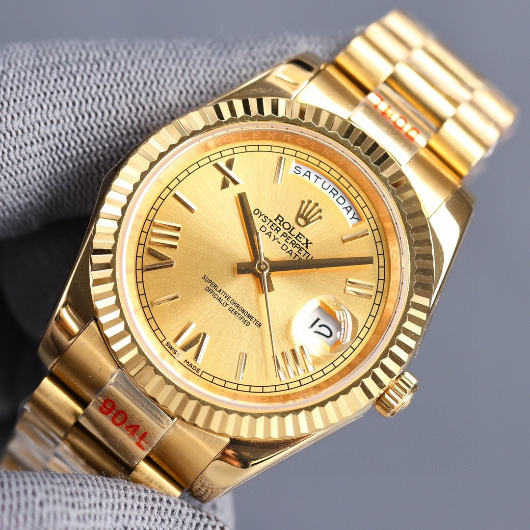Rolex Day-Date – Full Yellow Gold Champagne Roman Numeral Dial Fluted Bezel President Bracelet