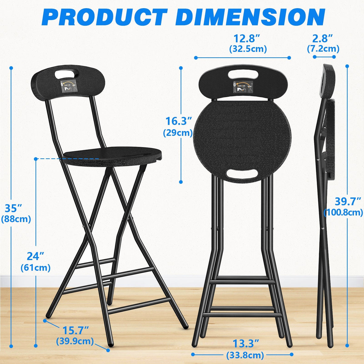 24-Inch Foldable Bar Stool with Footrest and Adjustable Height
