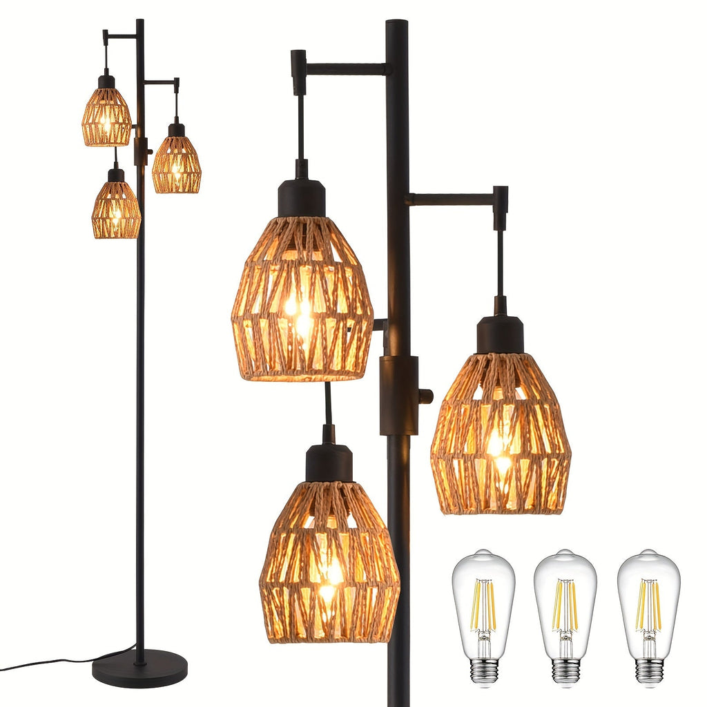 Boho Dimmable 3-Light Stepless Dimming Standing Lamp, Dining Room Warm Bohemian Home Lighting, Rattan Floor Lamp