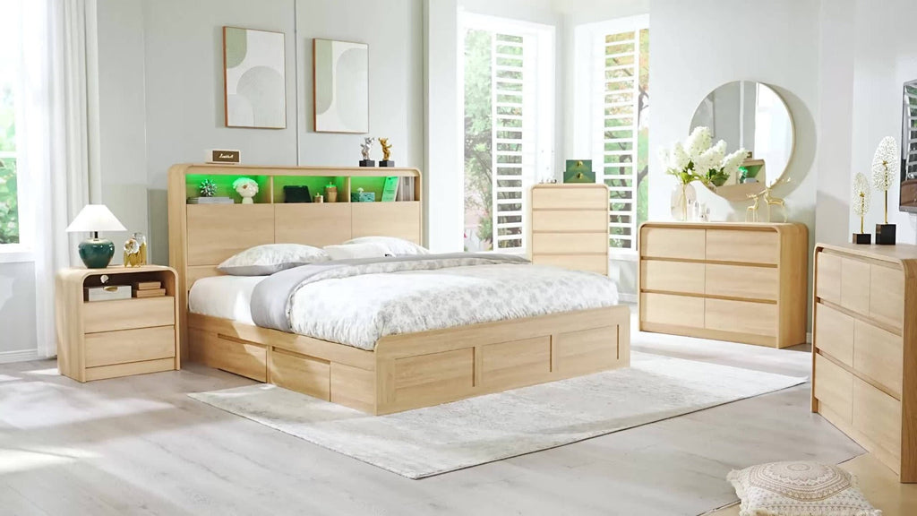 Nightstand 25-Inch Curved Wood Bedside Table with Charging Station, Two Drawers and Four Finishes