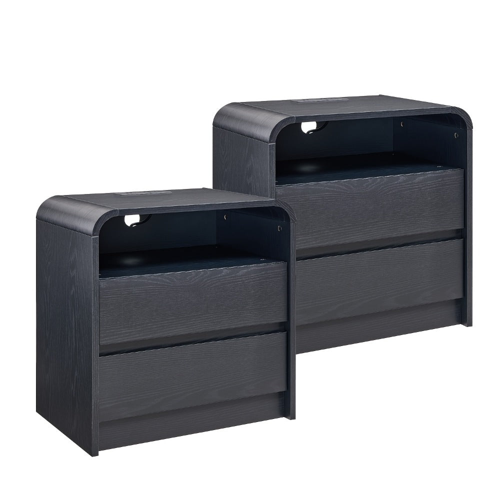 Nightstand 25-Inch Curved Wood Bedside Table with Charging Station, Two Drawers and Four Finishes