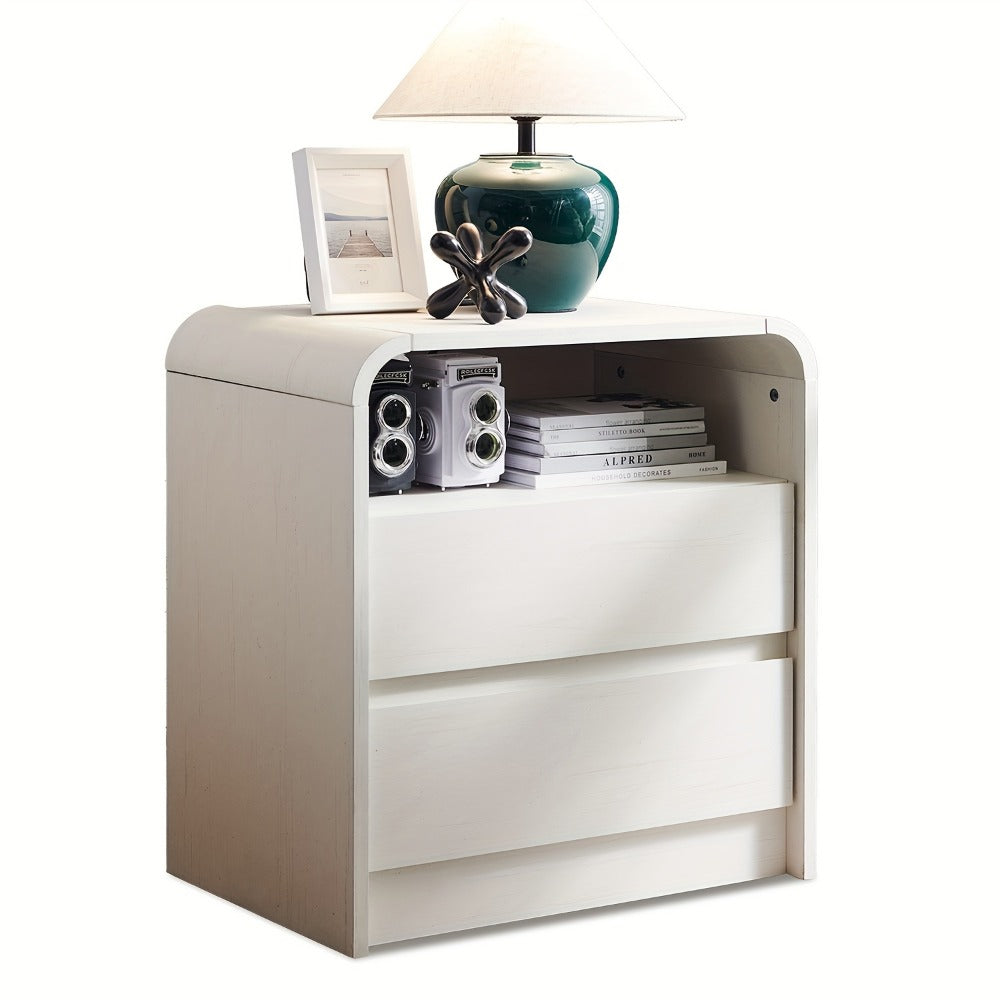 Nightstand 25-Inch Curved Wood Bedside Table with Charging Station, Two Drawers and Four Finishes