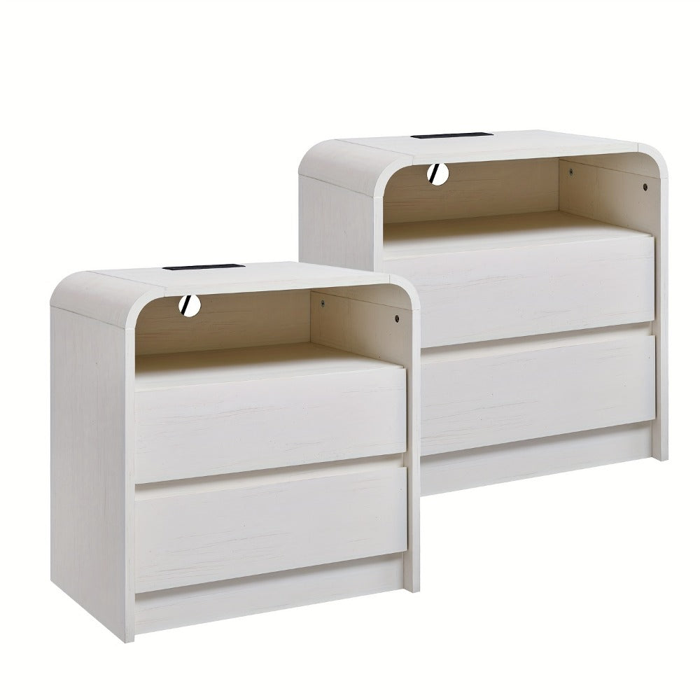 Nightstand 25-Inch Curved Wood Bedside Table with Charging Station, Two Drawers and Four Finishes