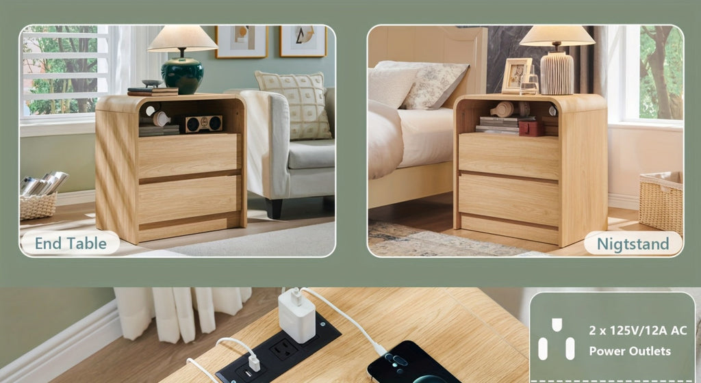 Nightstand 25-Inch Curved Wood Bedside Table with Charging Station, Two Drawers and Four Finishes