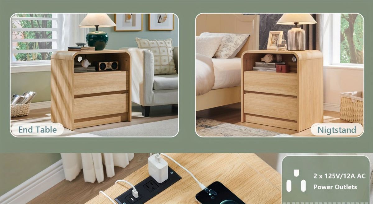 Nightstand 25-Inch Curved Wood Bedside Table with Charging Station, Two Drawers and Four Finishes