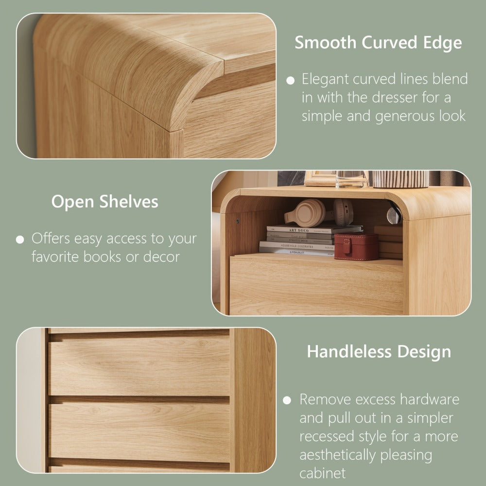 Nightstand 25-Inch Curved Wood Bedside Table with Charging Station, Two Drawers and Four Finishes