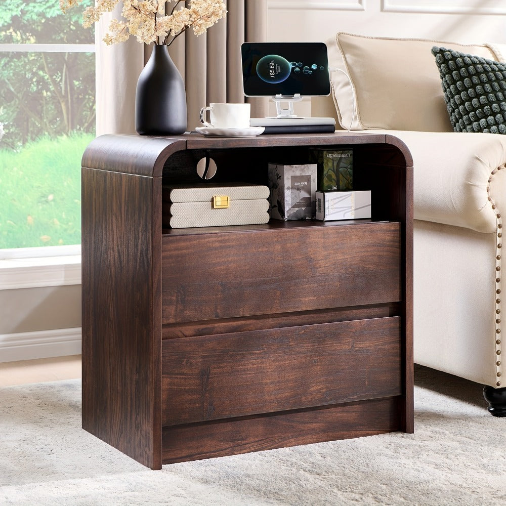Nightstand 25-Inch Curved Wood Bedside Table with Charging Station, Two Drawers and Four Finishes