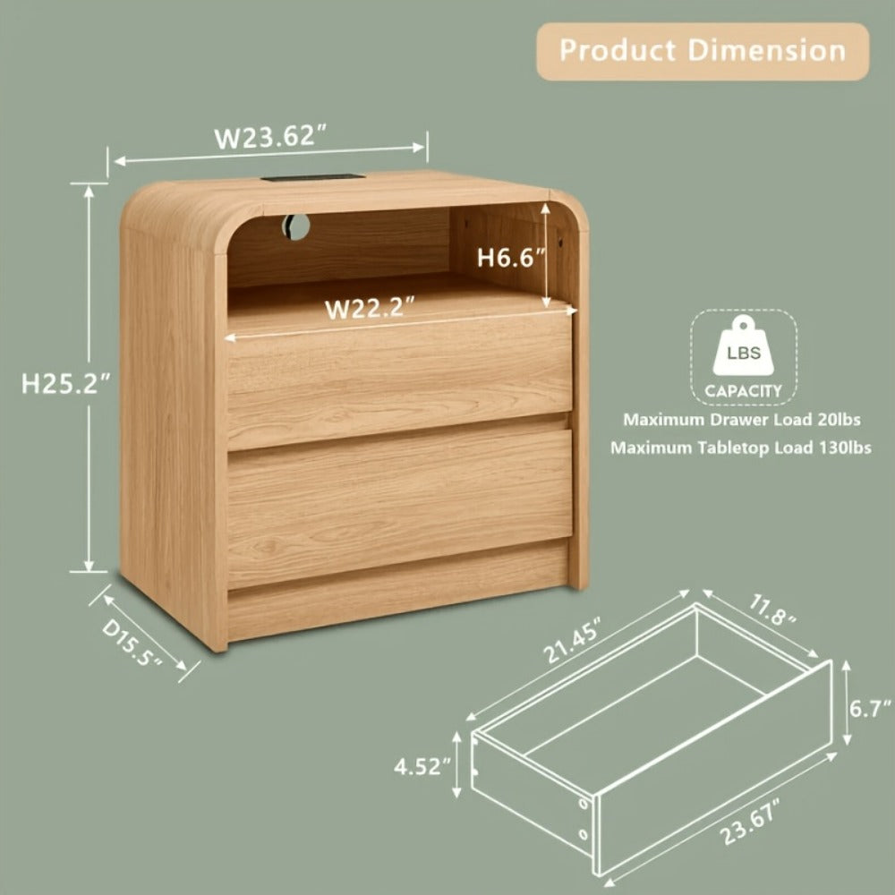 Nightstand 25-Inch Curved Wood Bedside Table with Charging Station, Two Drawers and Four Finishes